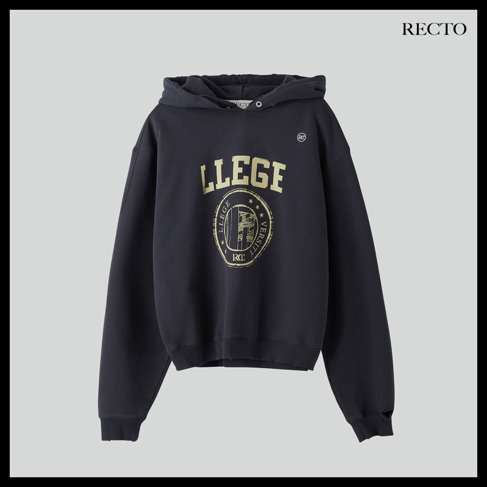 【RECTO】COLLEGE LOGO DESTROYED HOODIE SWEATSHIRT BLUISH