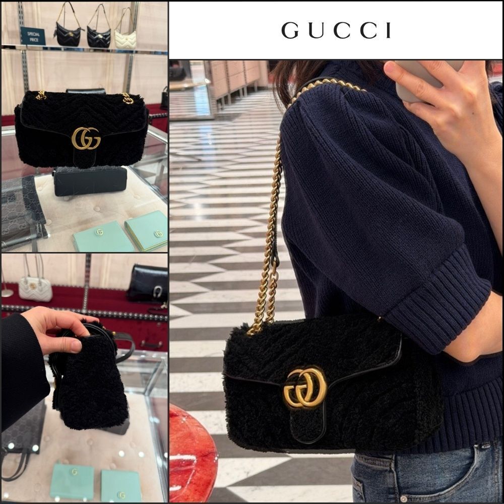 【GUCCI】GG Marmont Shearling Small Shoulder Bag Black
