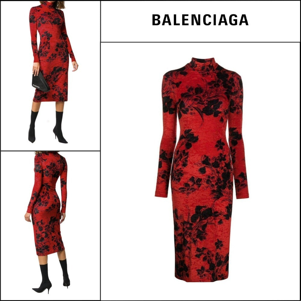 【Balenciaga】Floral-Print Turtleneck Dress