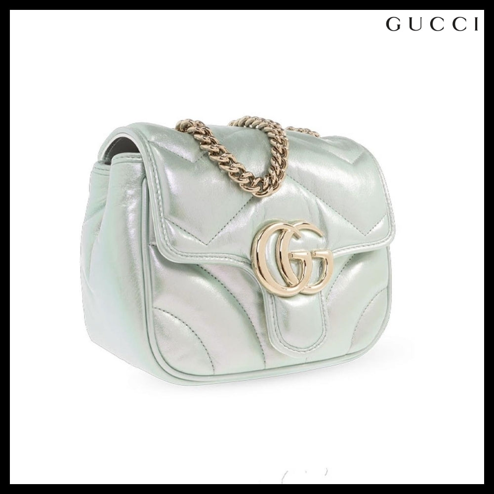 【GUCCI】GGMarmont2ChevronQuiltedNappaFlapBagIrideSalvyGreen