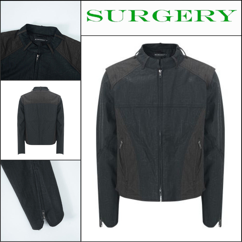 【Surgery】Belted Ring Neck Leather Jacket Black Brown