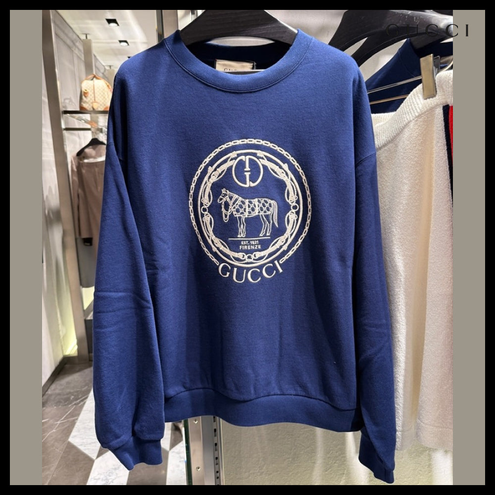 【GUCCI】Horse Embroidered Cotton Crewneck Sweatshirt Inchio