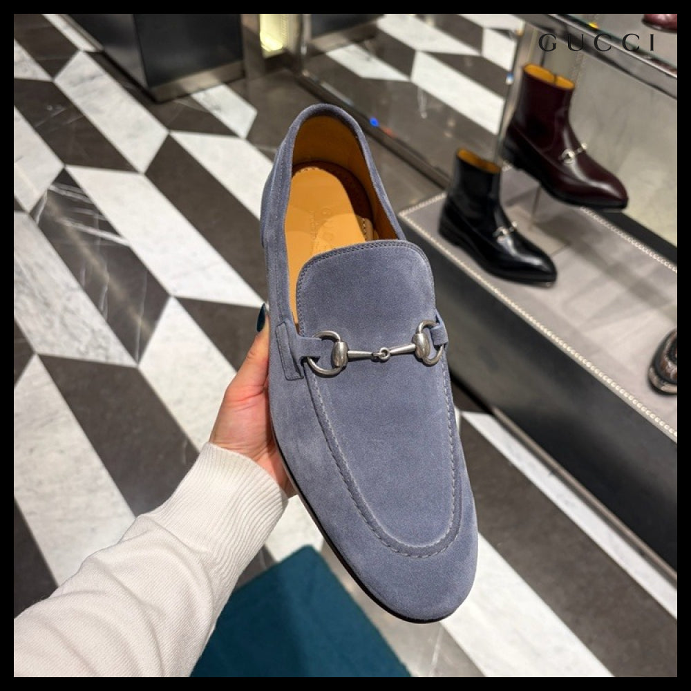 【GUCCI】JORDAN Horsebit Suede Men’s Moccasin Loafers Blue