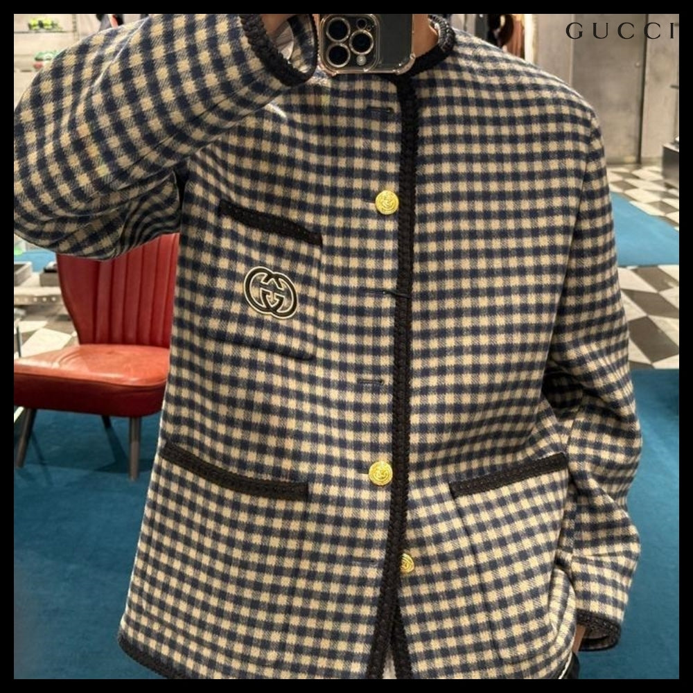 【GUCCI】Interlocking G Patch Gingham Check Wool Jacket
