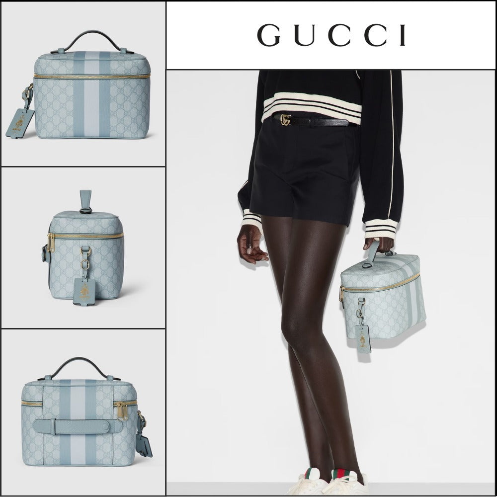 【GUCCI】GG Supreme Web Stripe Canvas Tote Bag Blue