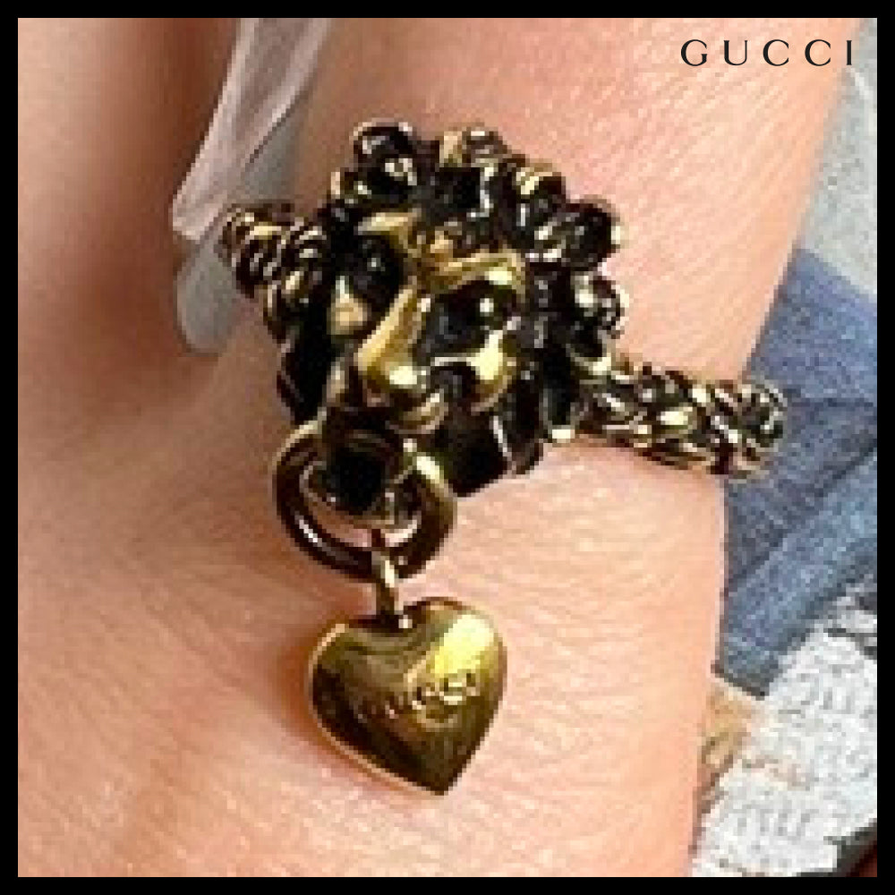 【GUCCI】Lion Head Heart Pendant Ring Gold