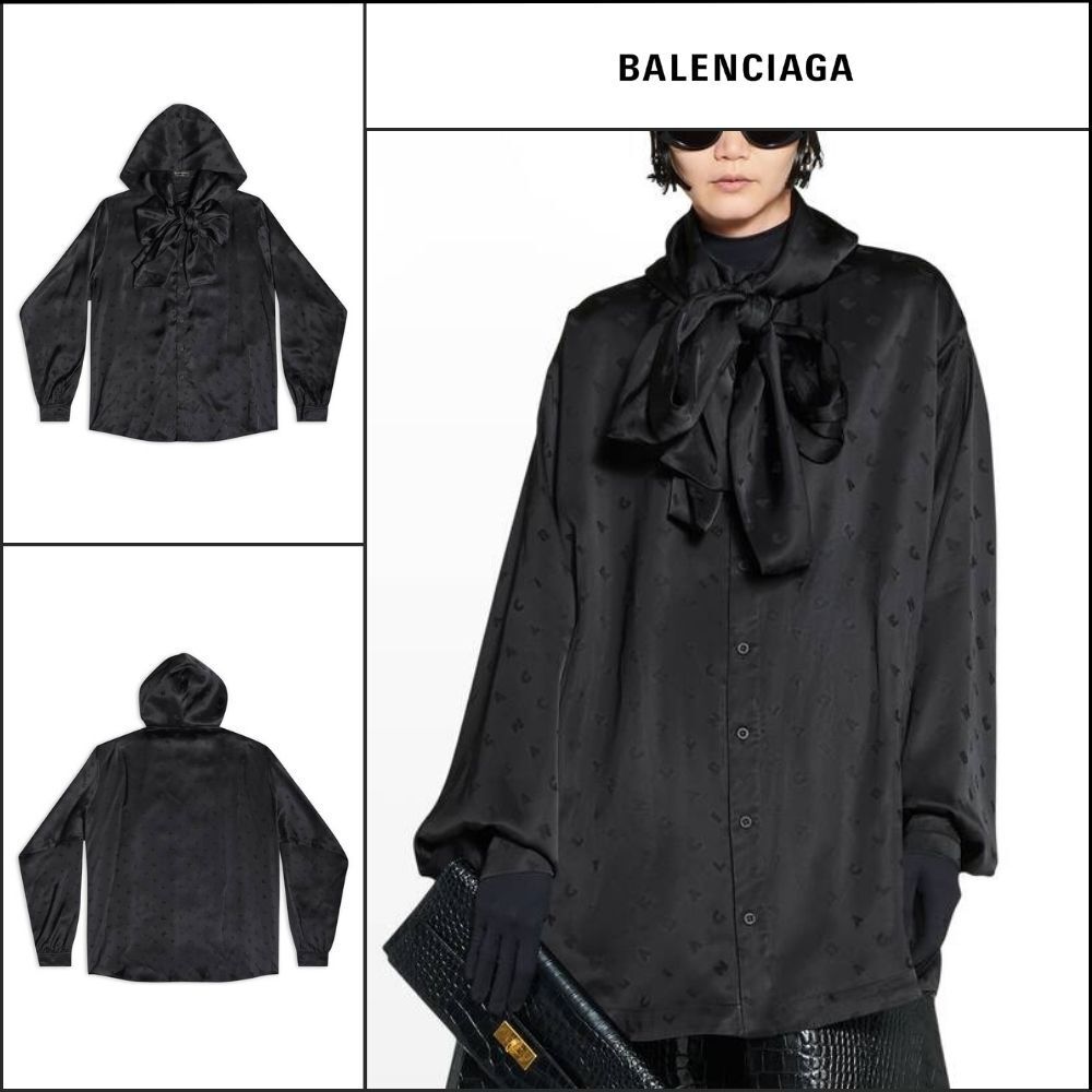 【BALENCIAGA】Logo Letters Allover Hooded Blouse Black