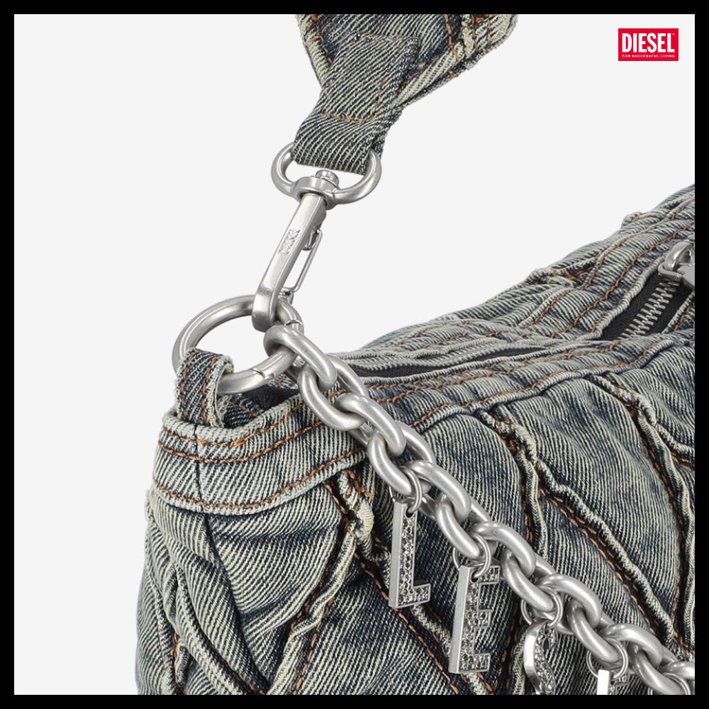 【DIESEL】Charm D Large Hobo Shoulder Bag - Blue Dirty Wash