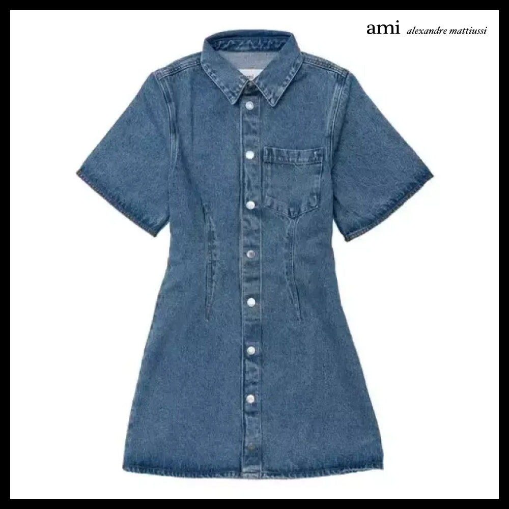 【AMI】Short Sleeve Shirt Dress Blue