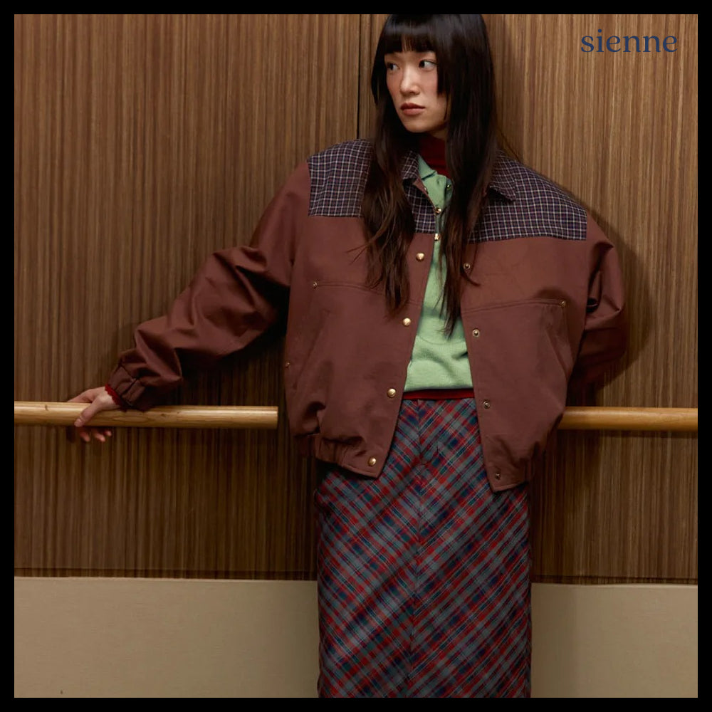 【SIENNE】Brun Checked Bomber Jacket Red Brown