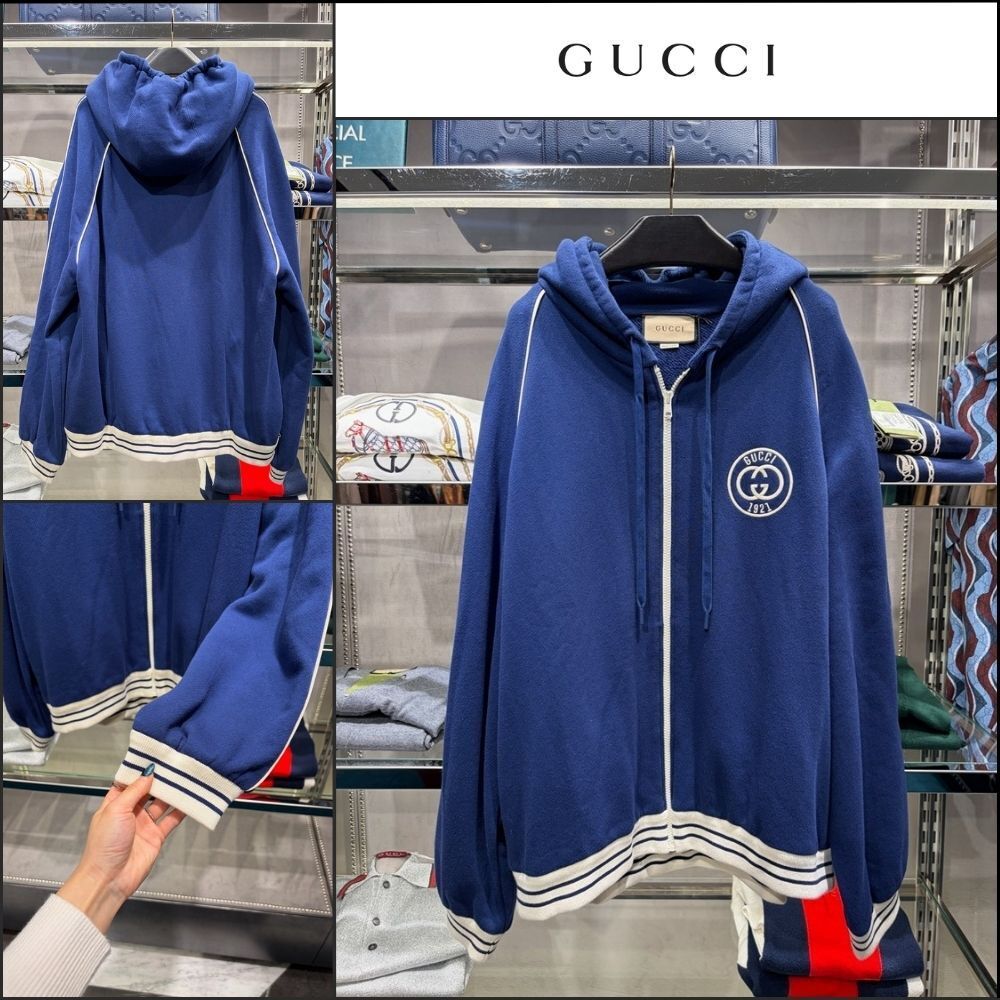 【GUCCI】Interlocking Embroidered Cotton Hooded Zip-Up Jacke