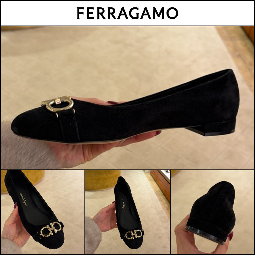 【FERRAGAMO】GARDA 10 NEW GANCINI SUEDE FLATS BLACK