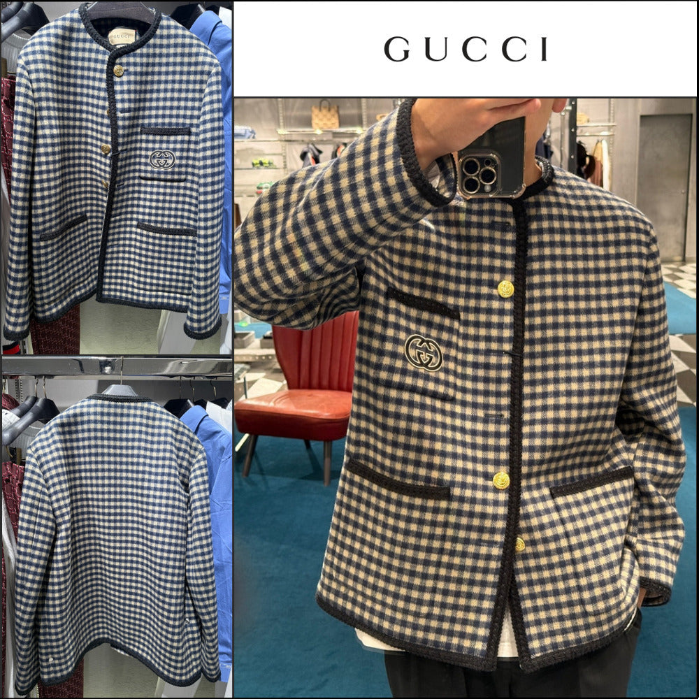 【GUCCI】Interlocking G Patch Gingham Check Wool Jacket