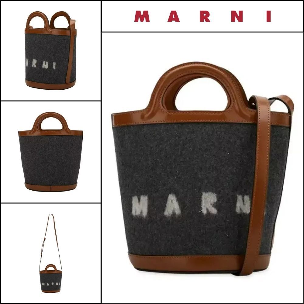【MARNI】Women’s Logo Dark Grey Mocha Bucket Bag logo