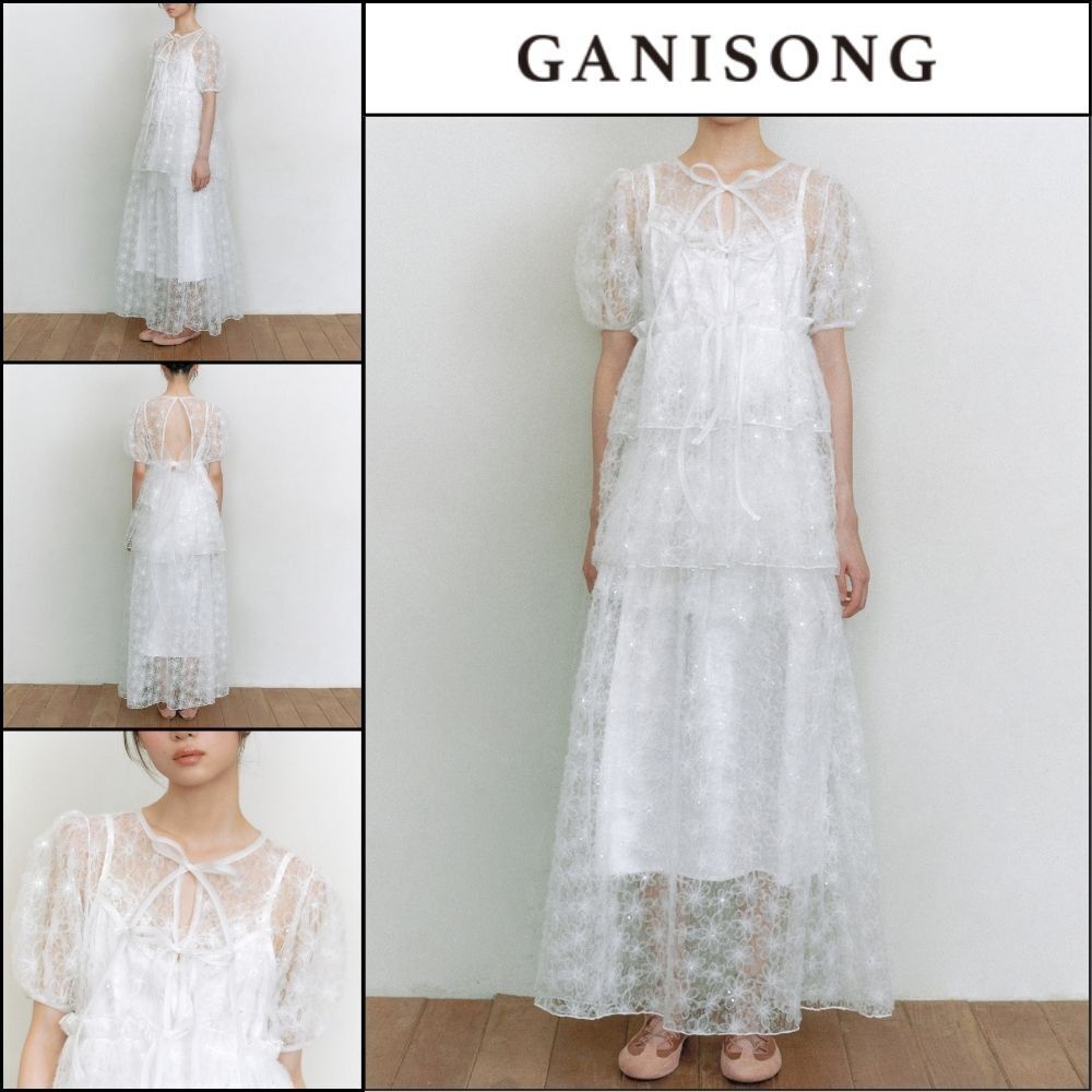 【GANISONG】Bridal Meringue Flower Dress White