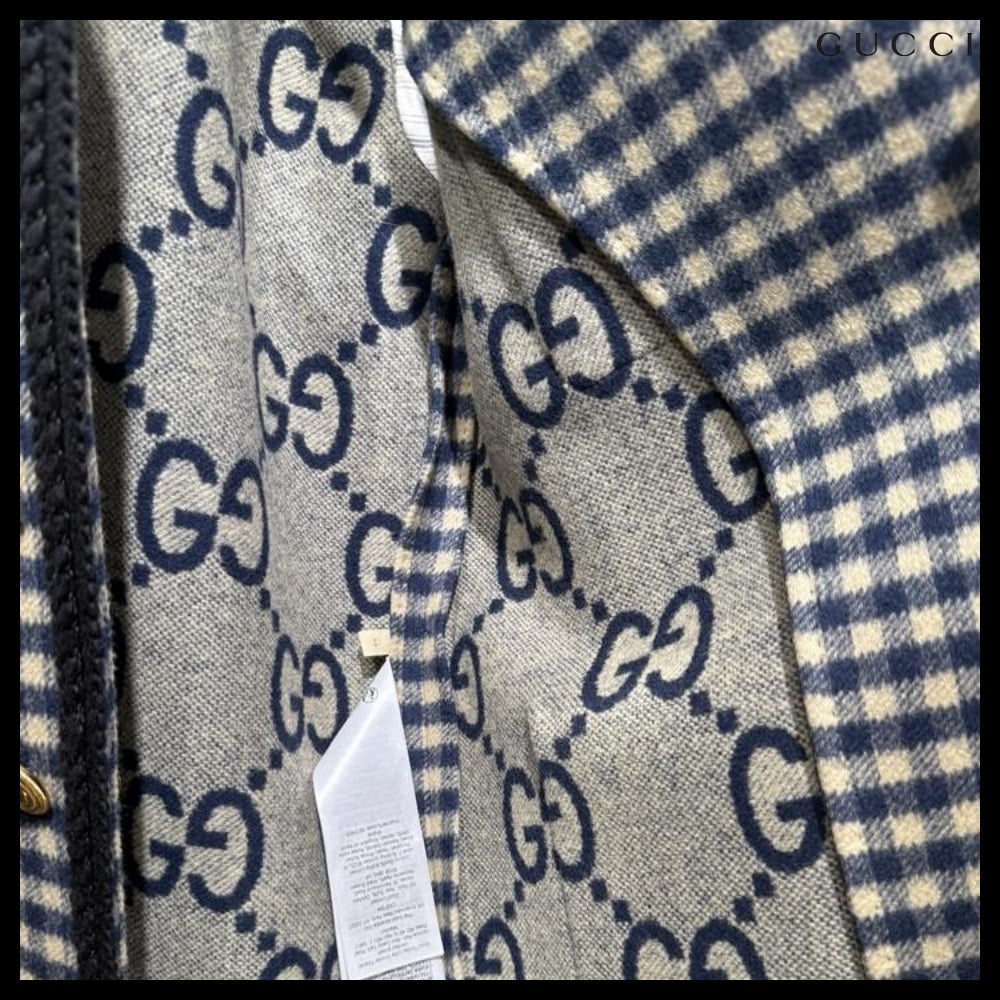 【GUCCI】Interlocking G Patch Gingham Check Wool Jacket