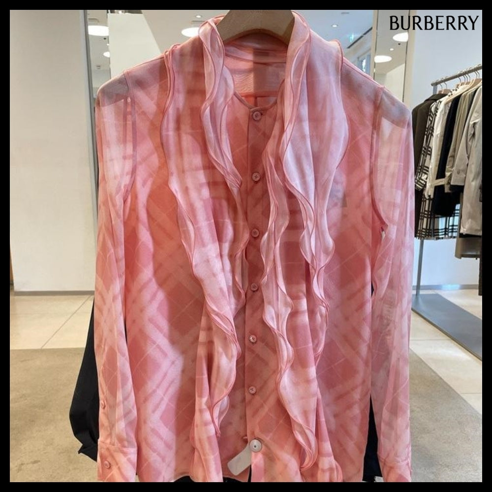 【Burberry】Ruffle Check Silk Blouse Candy