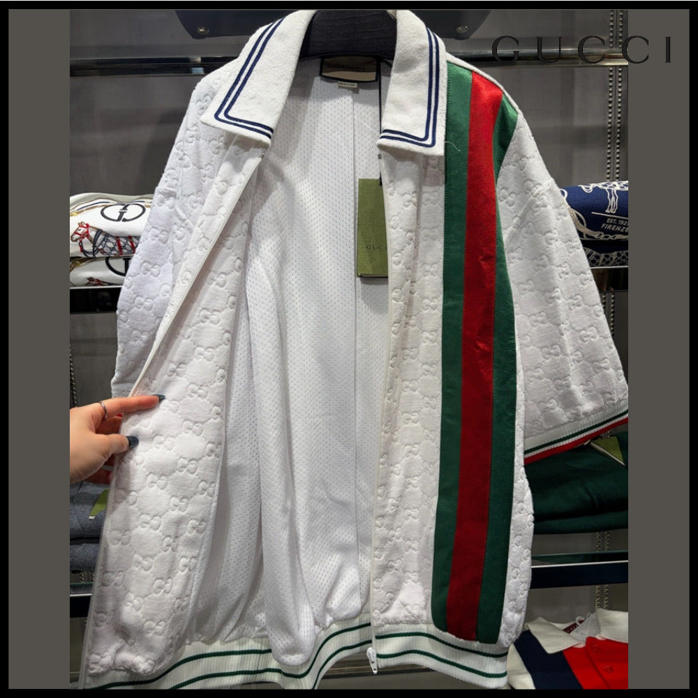 【GUCCI】GG Web Stripe Cotton Terry Short-Sleeve Zip-Up