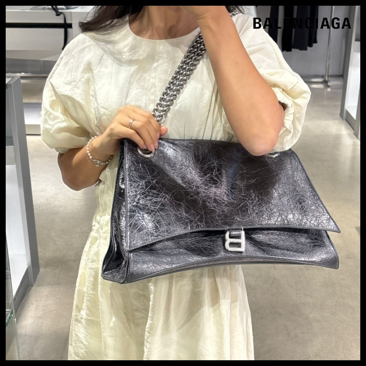 【【BALENCIAGA】B Logo Crush Metallic Calf Leather Large