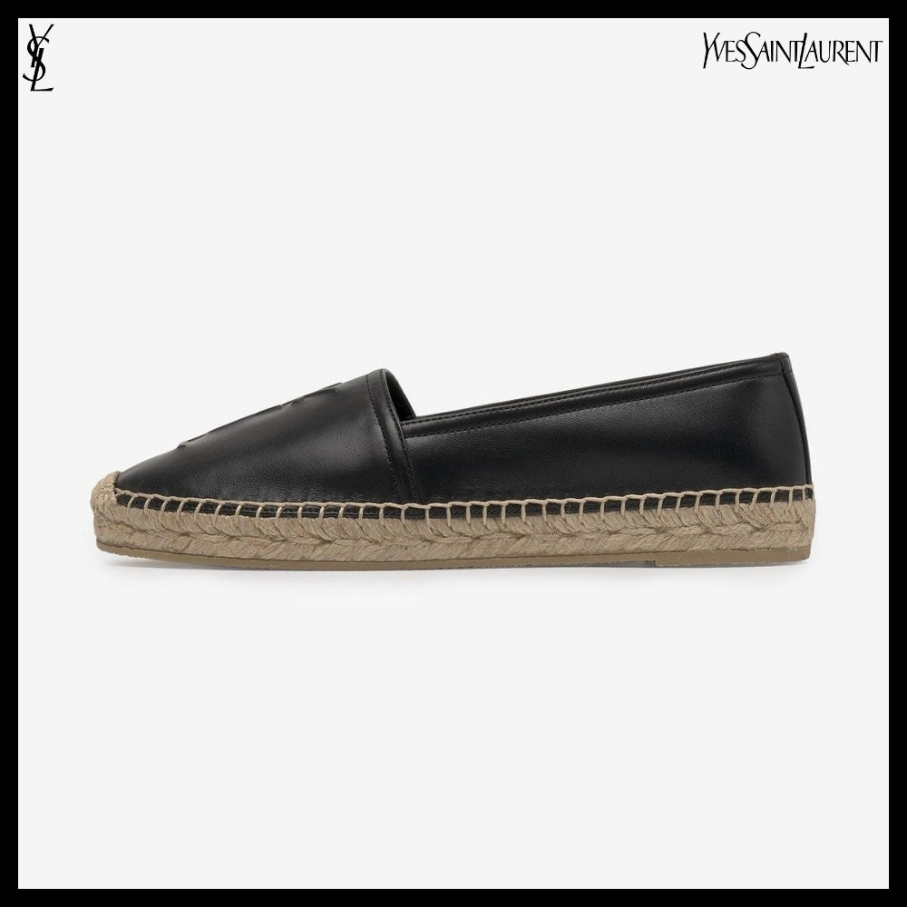 【Saint Laurent】Embossed Monogram Leather Espadrilles Black