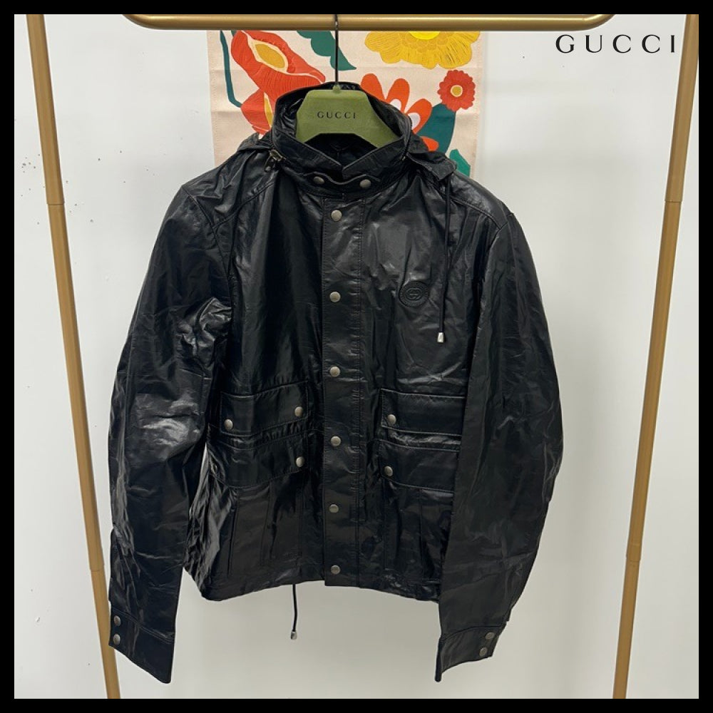 【GUCCI】Interlocking G Calf Leather Hooded Jacket Black