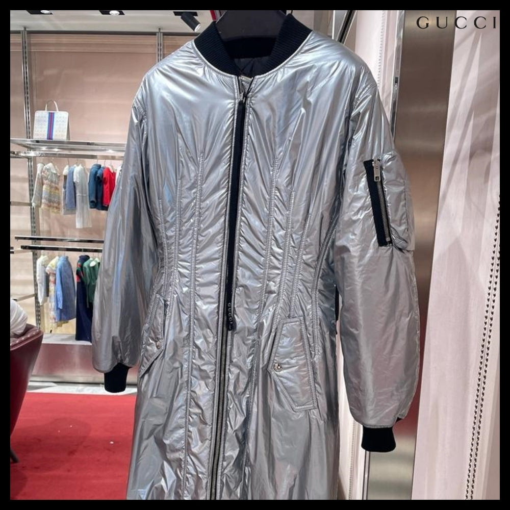 【GUCCI】Web Stripe Metallic Nylon Zip-Up Jacket Silver