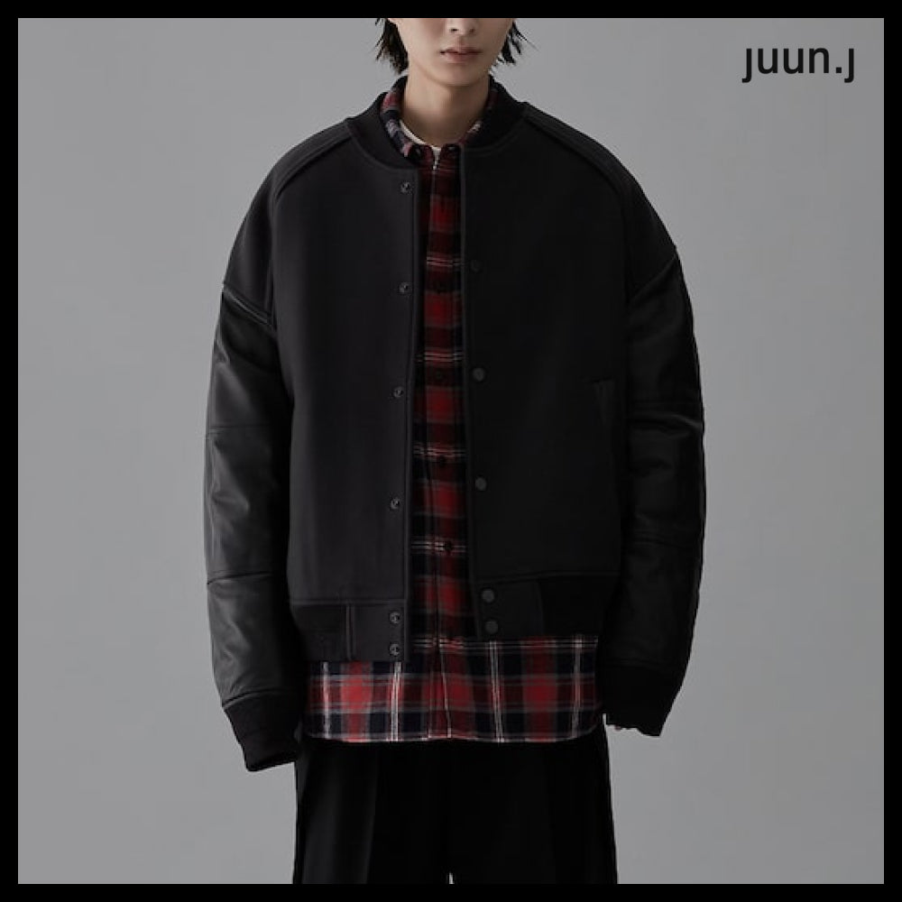 【JUUN.J】Leather Sleeve Varsity Jumper Gray