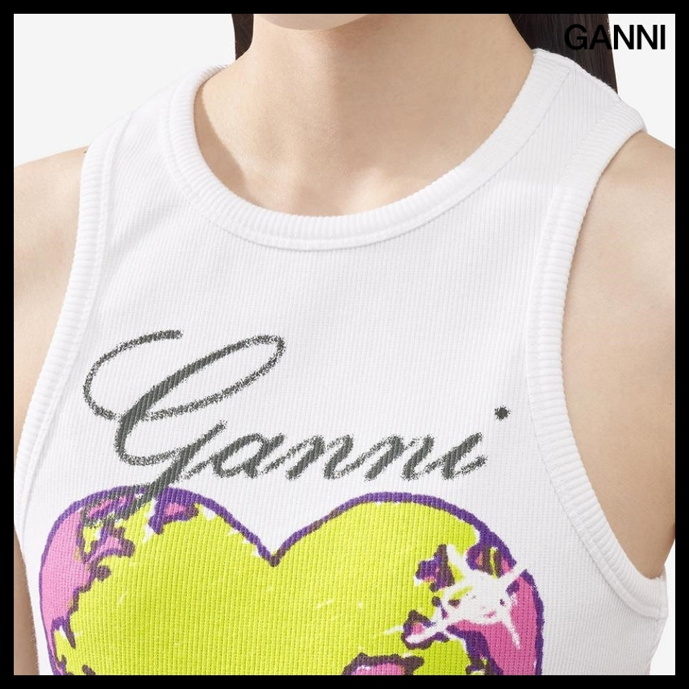 【Ganni】グラフィックリブ ハート ノースリーブTシャツホワイト