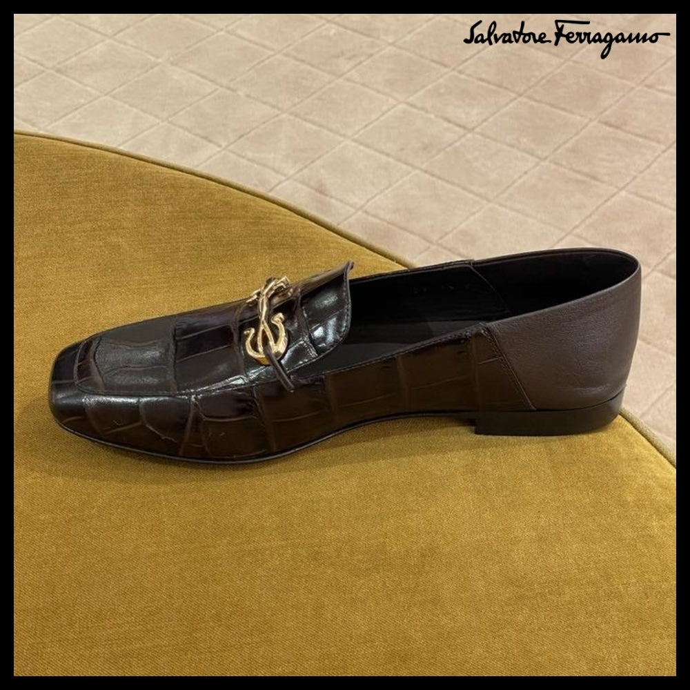 【FERRAGAMO】LOUIS GANCINI CROC PATTERN LOAFERS DARK BROWN