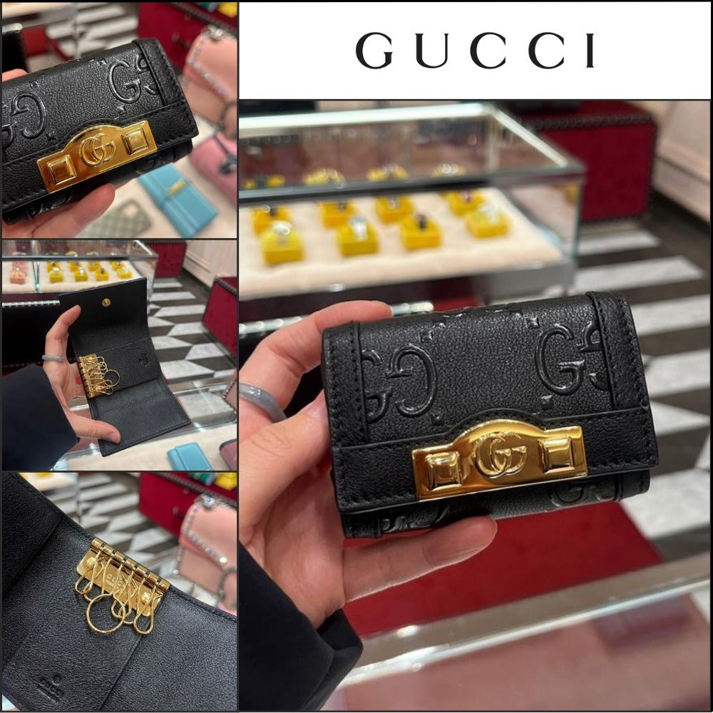【GUCCI】GG Up Embossed Leather Flap Key Case Black