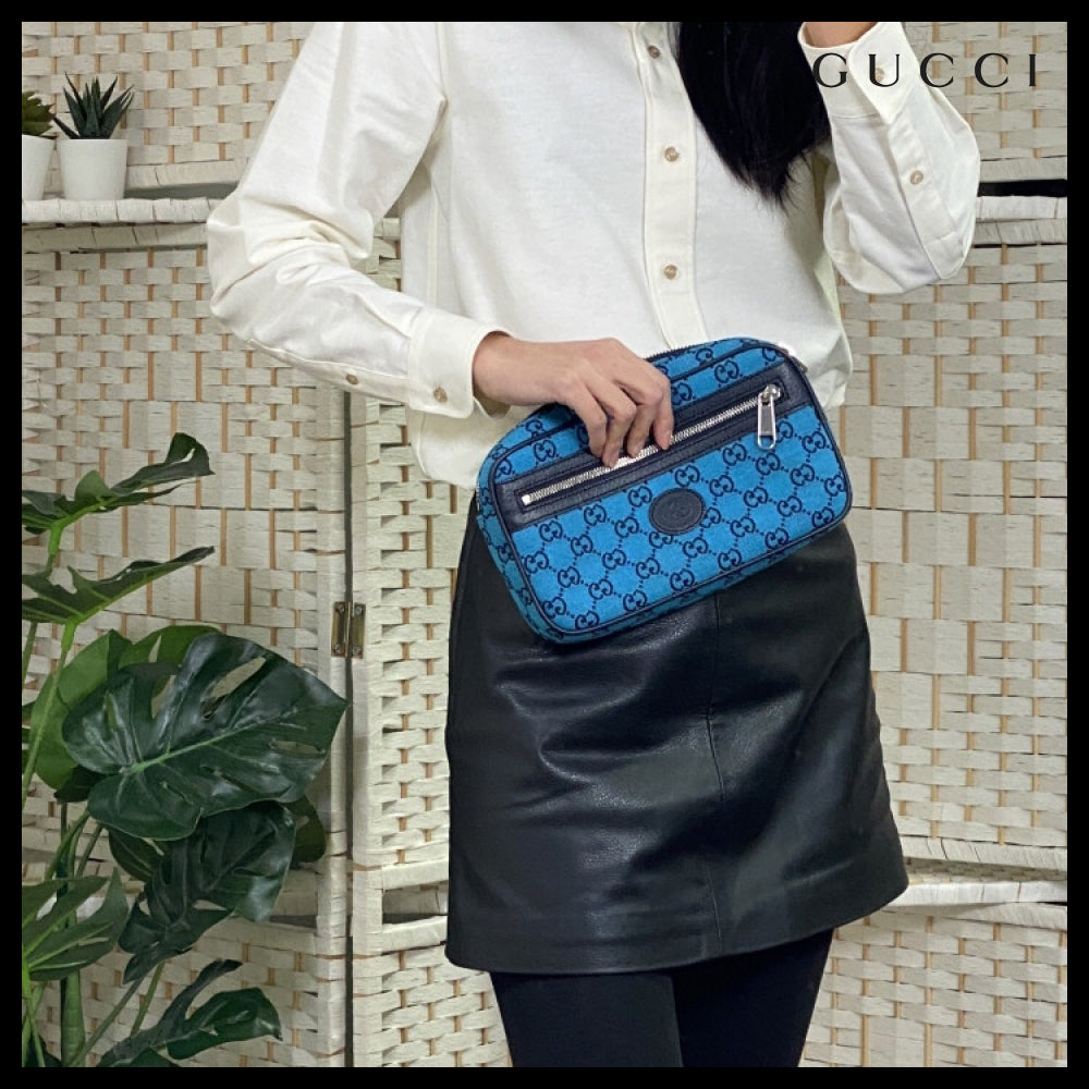 【GUCCI 】New Canvas GG Pattern Belt Bag BLUE
