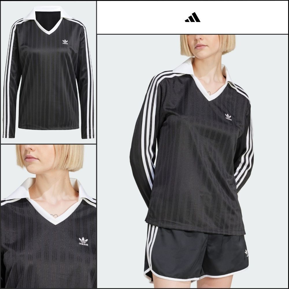 【ADIDAS】Football Jacquard V-Neck Long Sleeve Polo Black