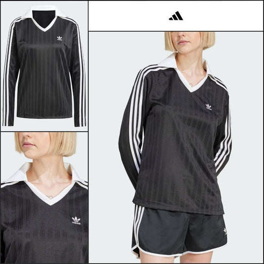 【ADIDAS】Football Jacquard V-Neck Long Sleeve Polo Black