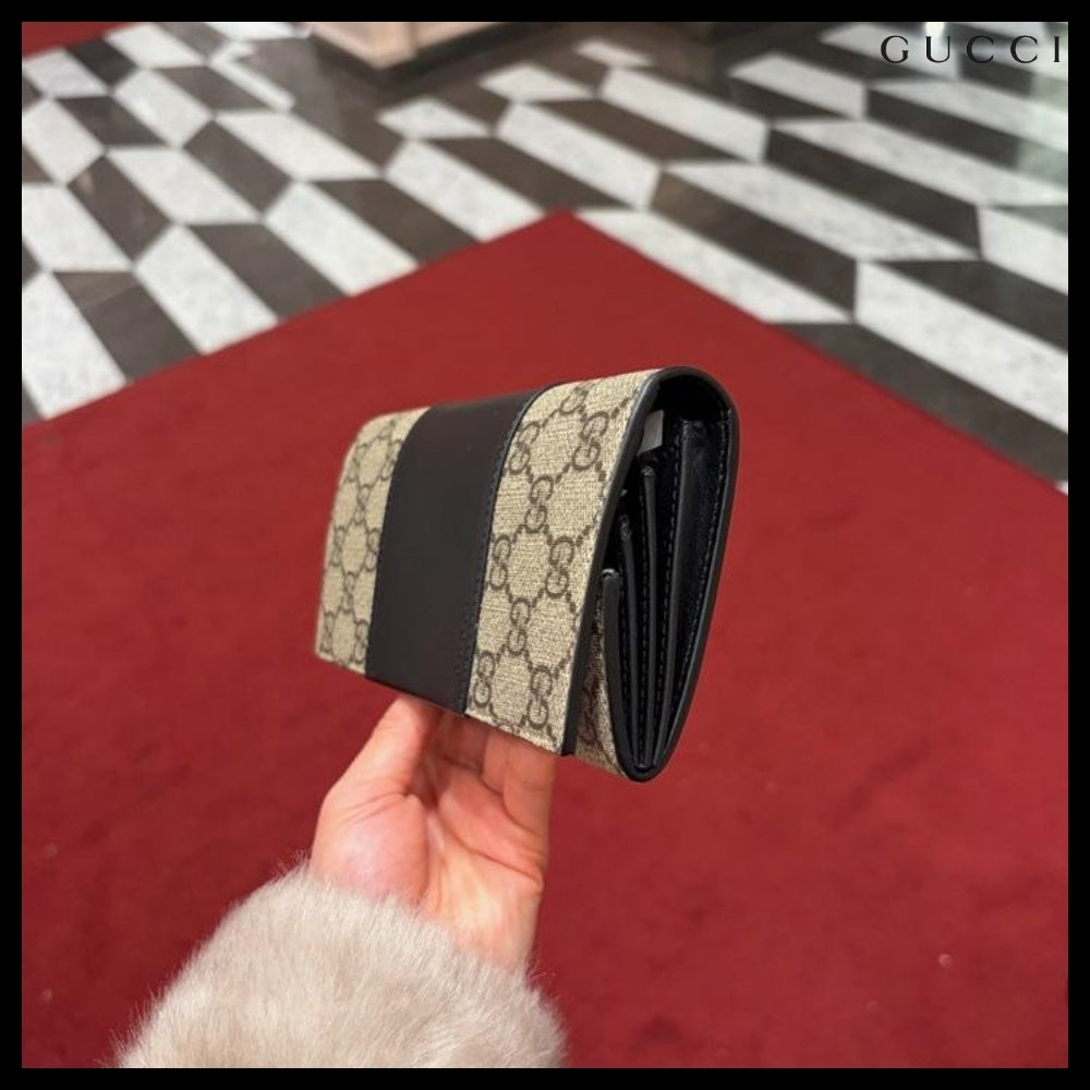 【GUCCI】Supreme Canvas Leather Flap Long Wallet BEIGE BLACK