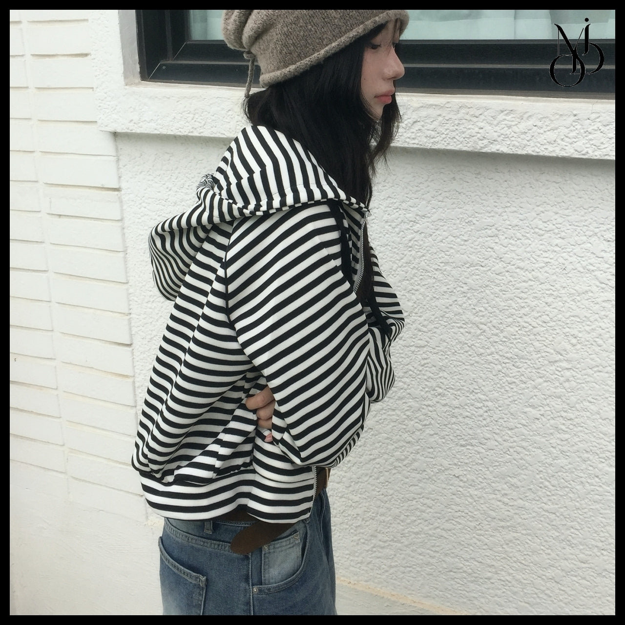 【MODIMOOD】Labu Stripe Two-Way Hoodie Zip-Up 2 Colors