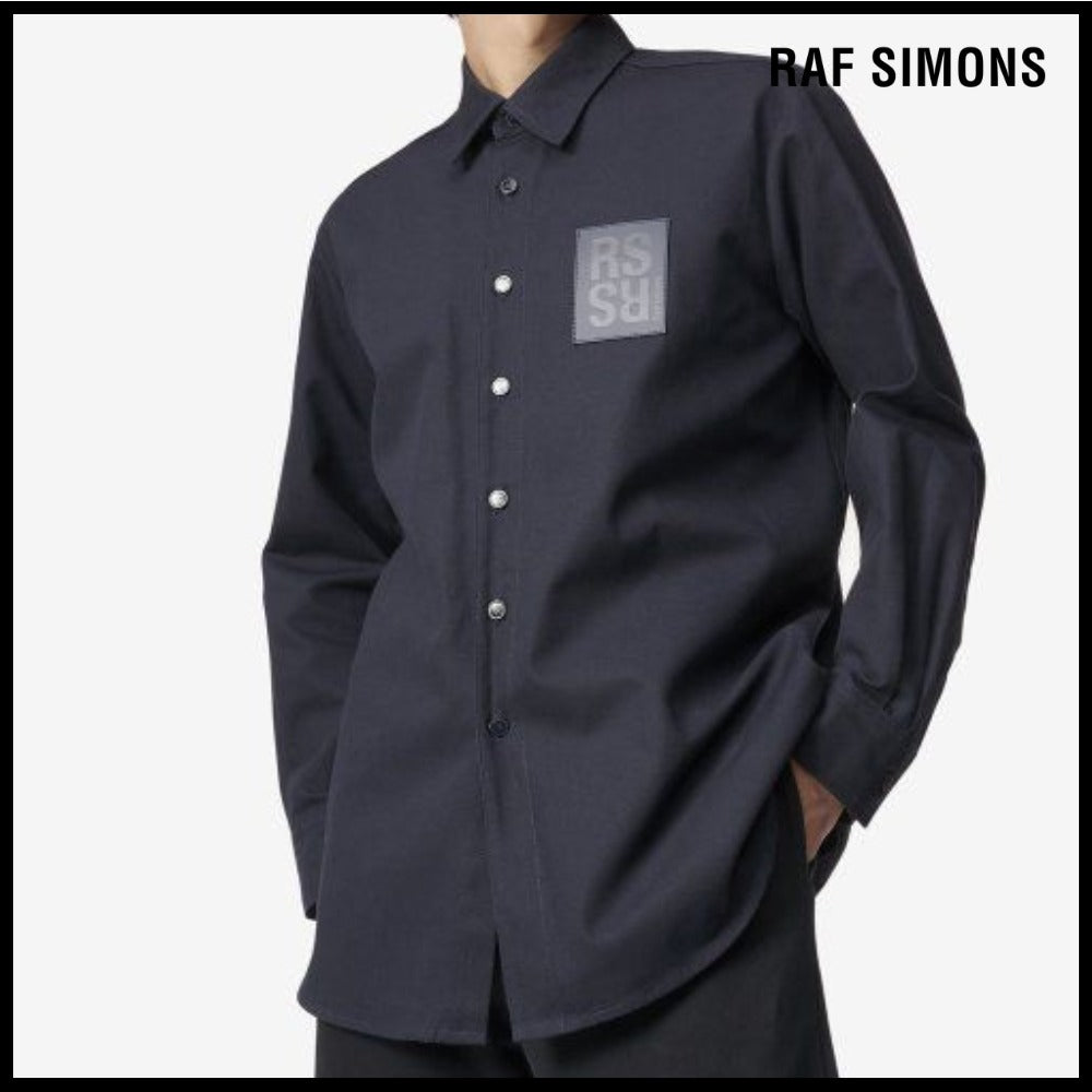 【RAF SIMONS】Straight Fit Leather Patch Denim Shirt Dark