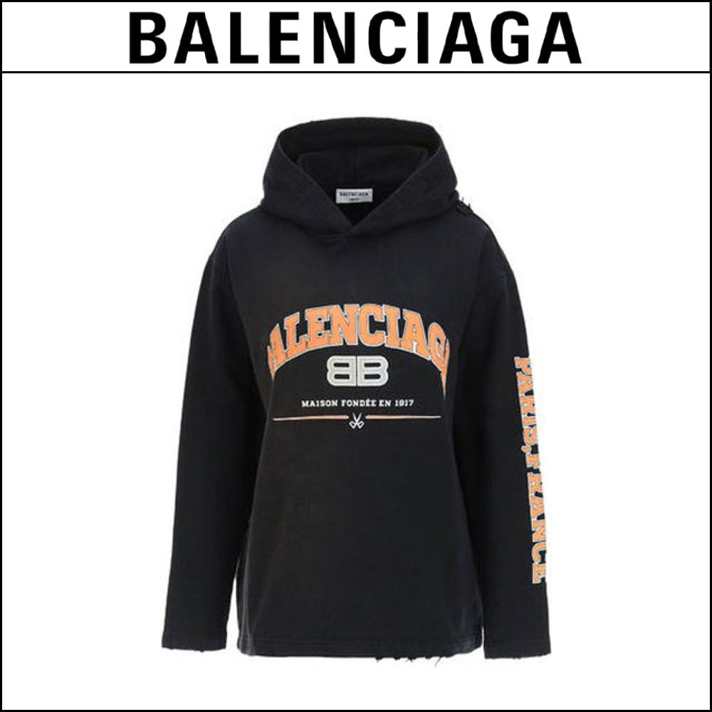 【BALENCIAGA】BB Logo Vintage Damaged Cropped Hoodie Black