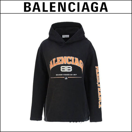 【BALENCIAGA】BB Logo Vintage Damaged Cropped Hoodie Black