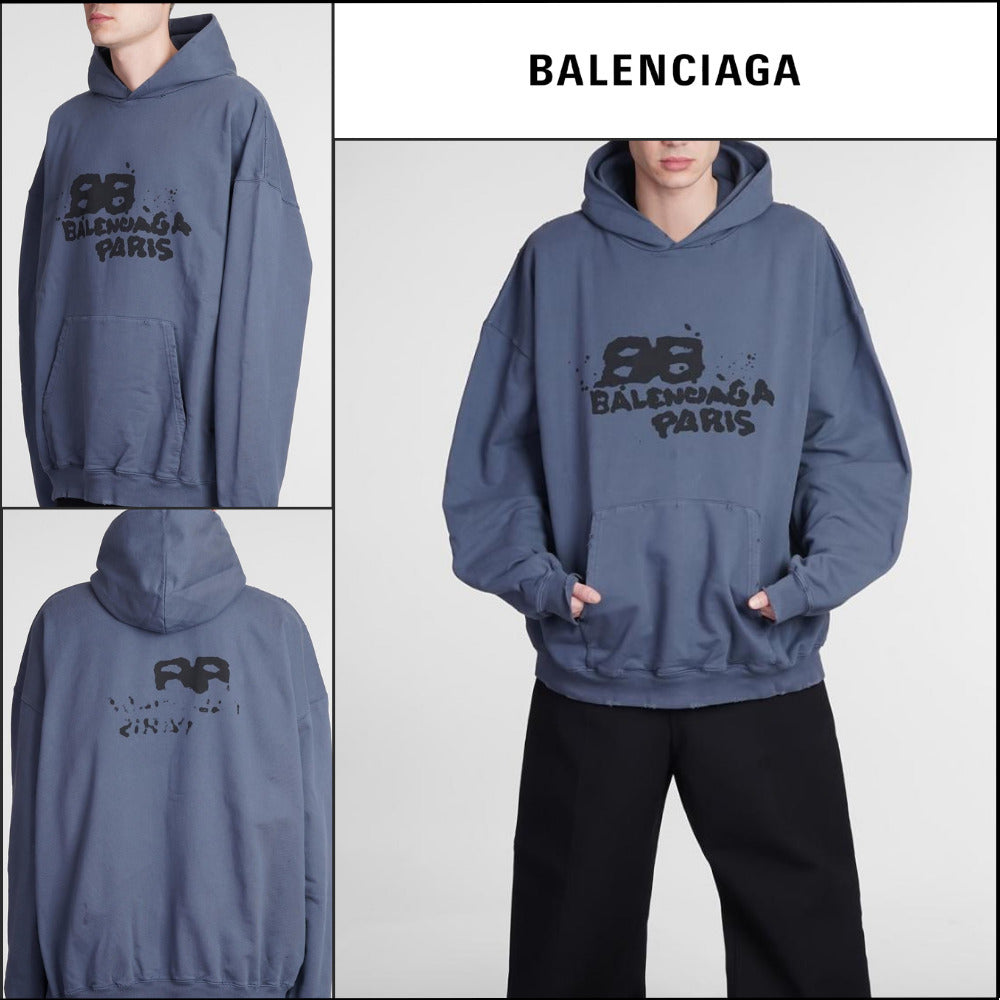 【BALENCIAGA】Hand Drawn BB Icon Hoodie Large Fit Blue