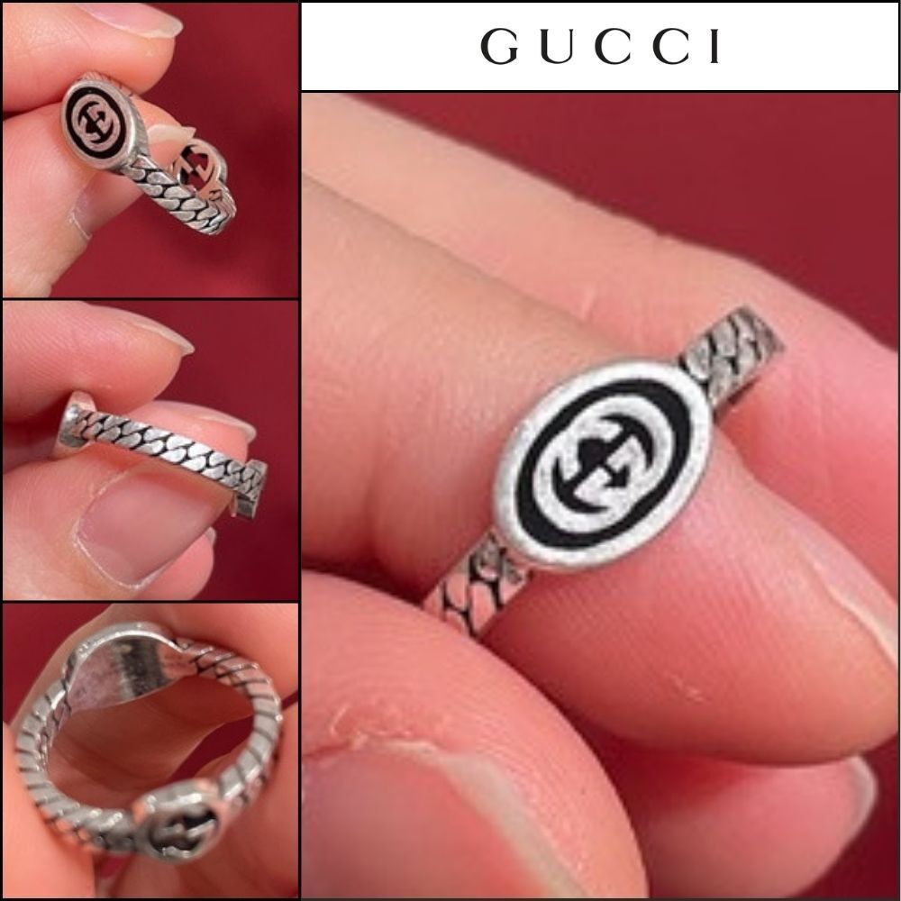 【GUCCI】Interlocking G Enamel Chain Ring Black