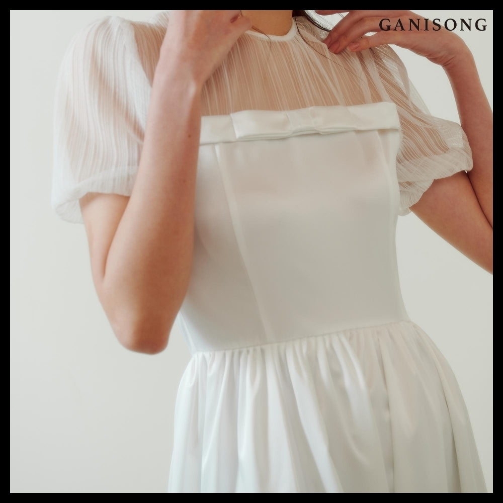 【GANISONG】Bridal Sheer Ribbon Line Dress White
