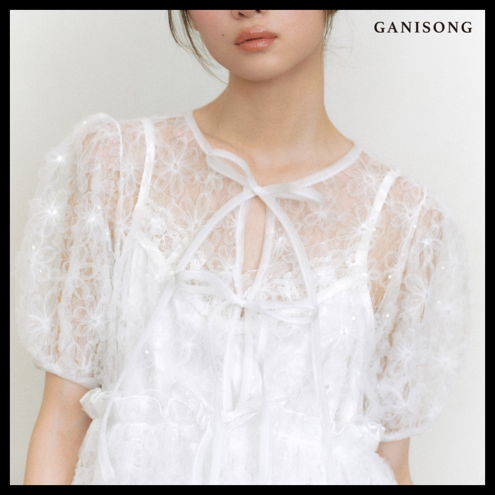 【GANISONG】Bridal Meringue Flower Dress White