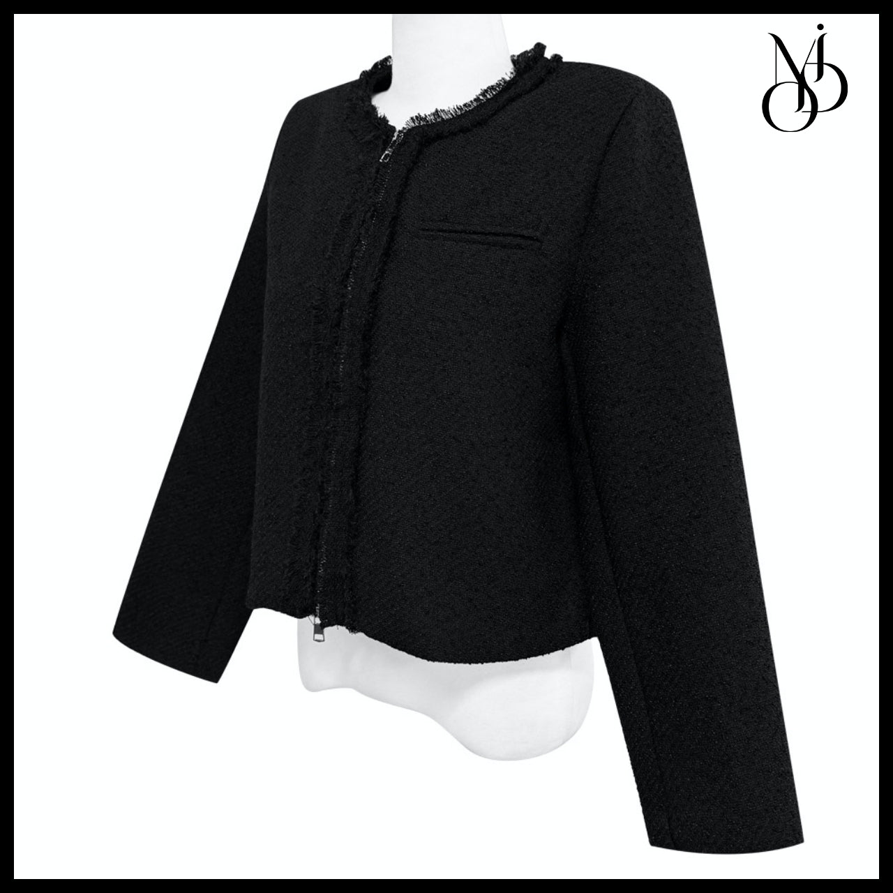 【MODIMOOD】Rudy Round Neck Zip-Up Fringe Tweed Jacket