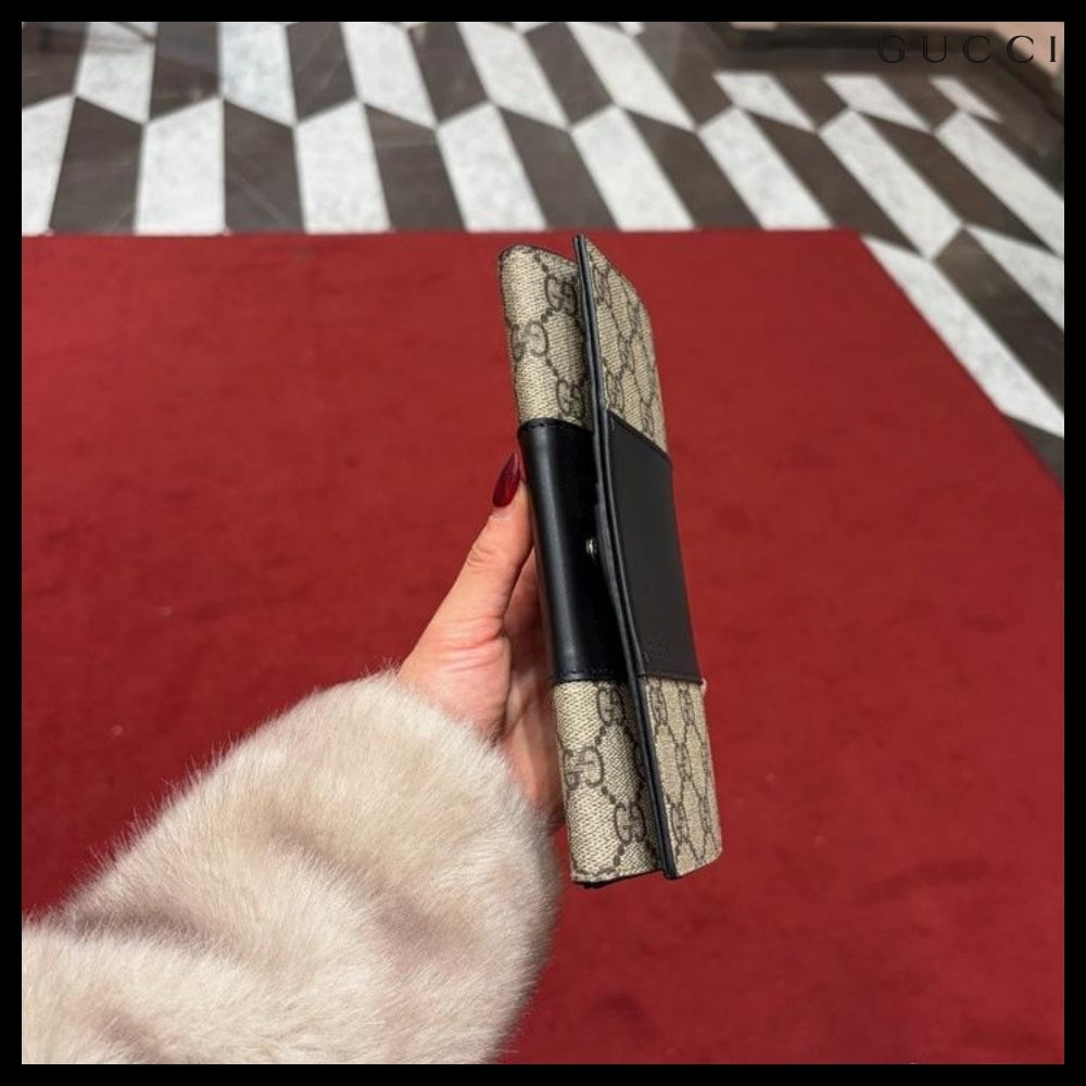 【GUCCI】Supreme Canvas Leather Flap Long Wallet BEIGE BLACK
