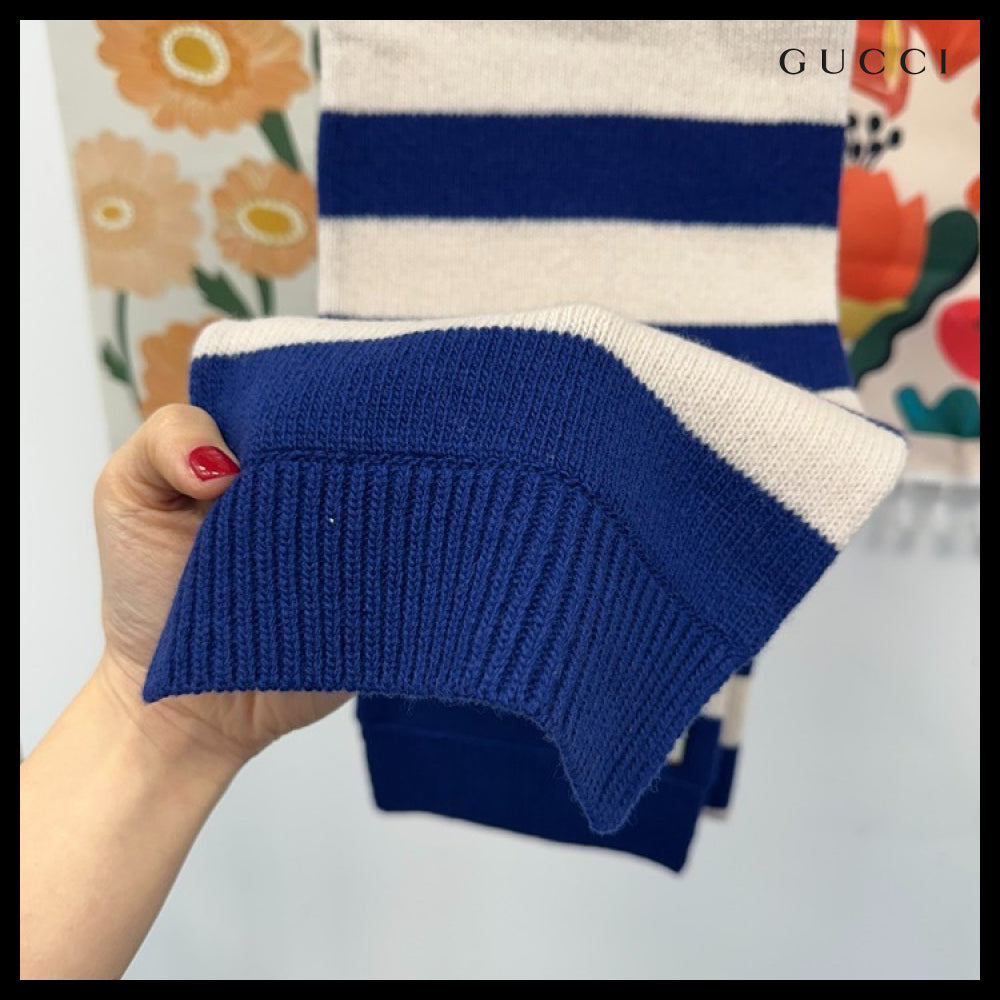 【GUCCI】Loved Tiger Stripe Wool Knit Scarf Blue
