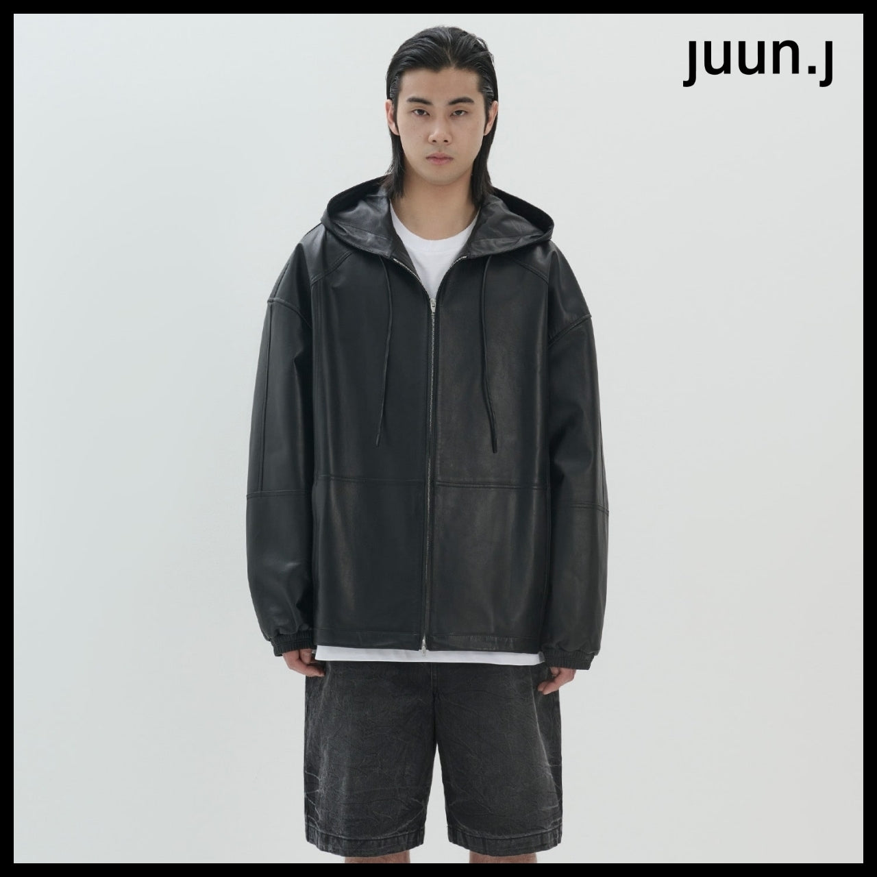 【JUUN.J】Leather Hood Zip-Up Jumper Black