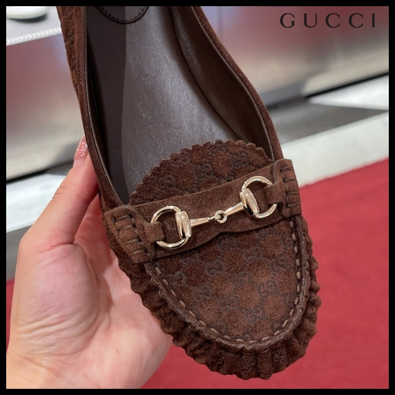【GUCCI】Kensington GG Horsebit Suede Ballerina Flats Brown