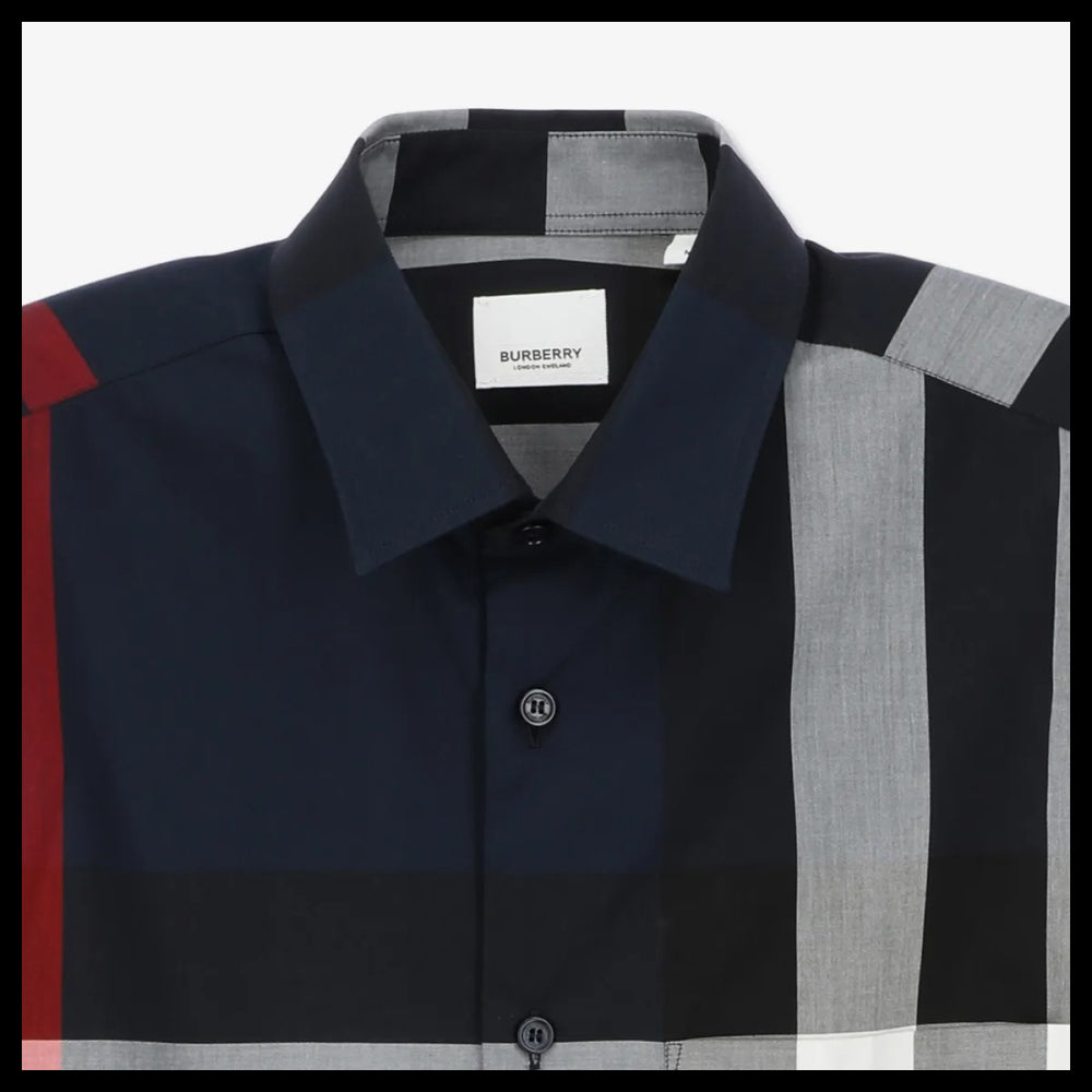 【Burberry】Check Cotton Slim Fit Shirt Navy