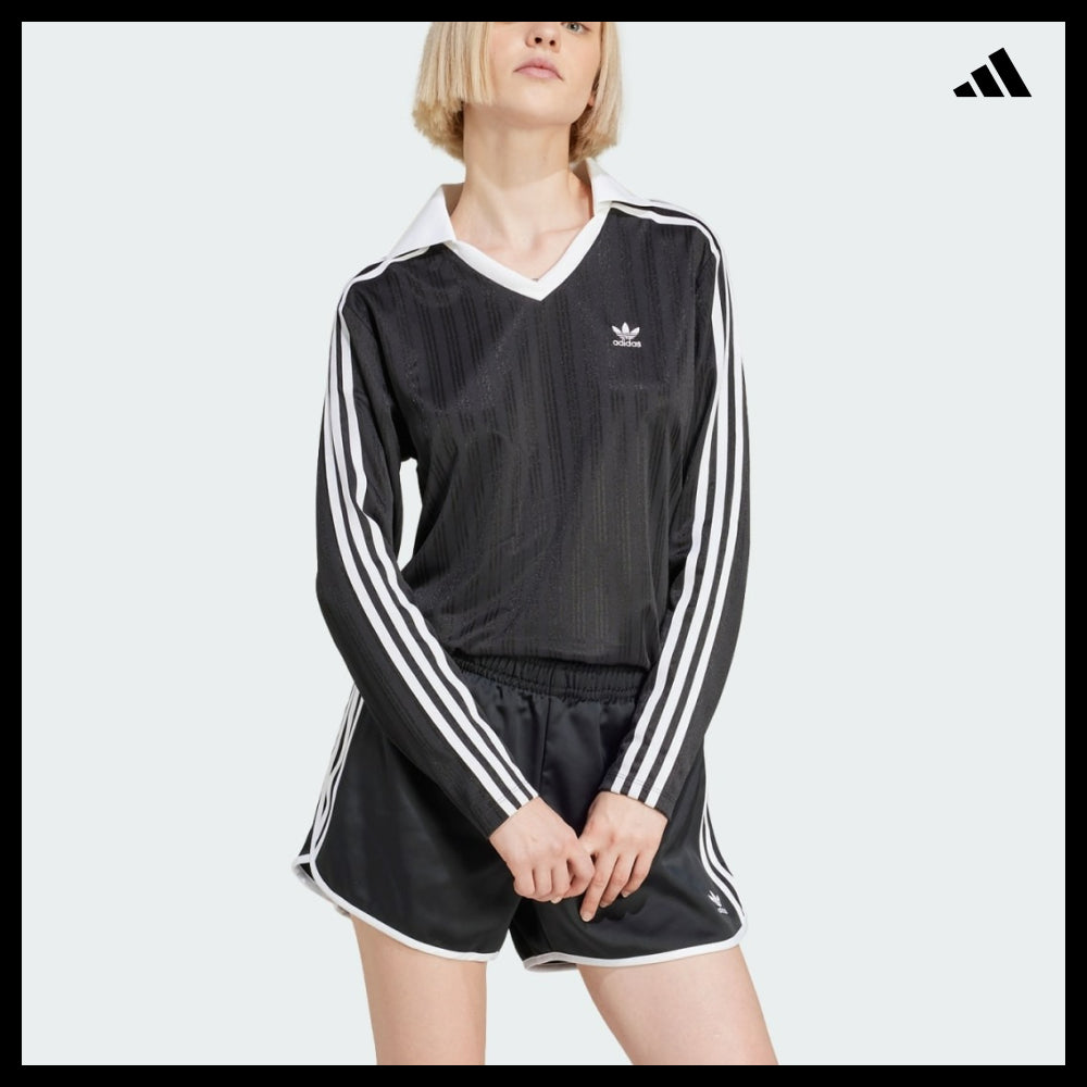 【ADIDAS】Football Jacquard V-Neck Long Sleeve Polo Black