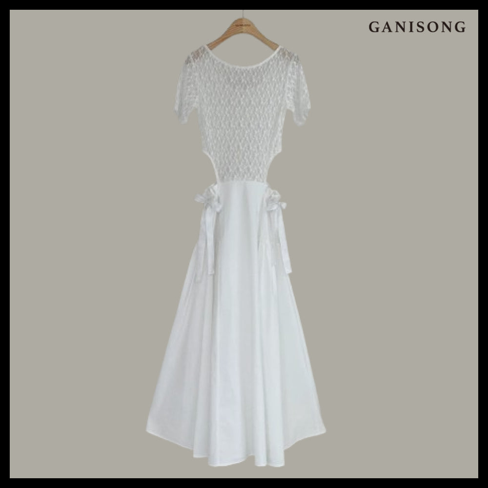 【GANISONG】Bridal Lace Cut Out Dress White